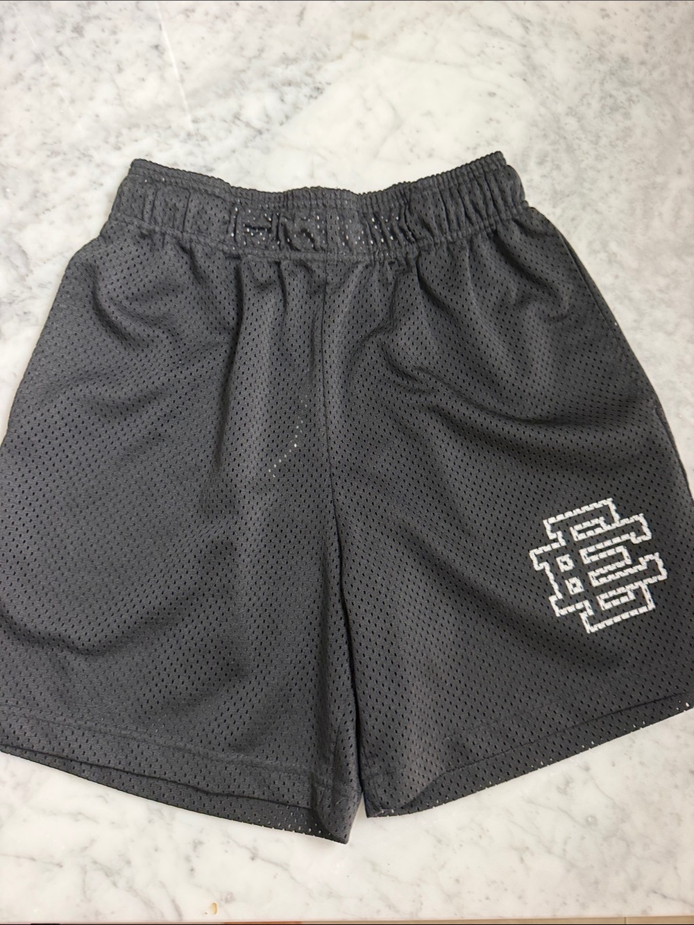 Eric Emanuel Dark Gray Athletic Mesh Shorts with White Embroidered Logo